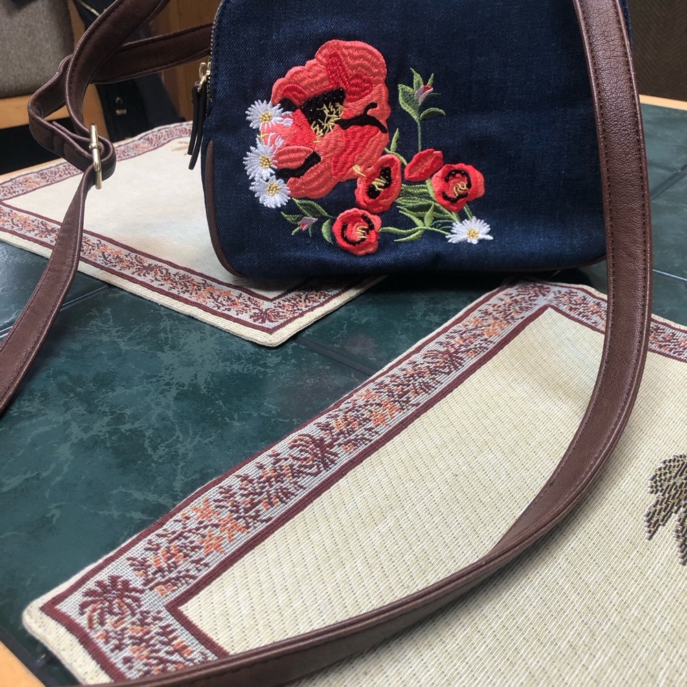 Liz Claiborne Denim Embroidered&beaded Navy Crossbody Bag with Floral Detail